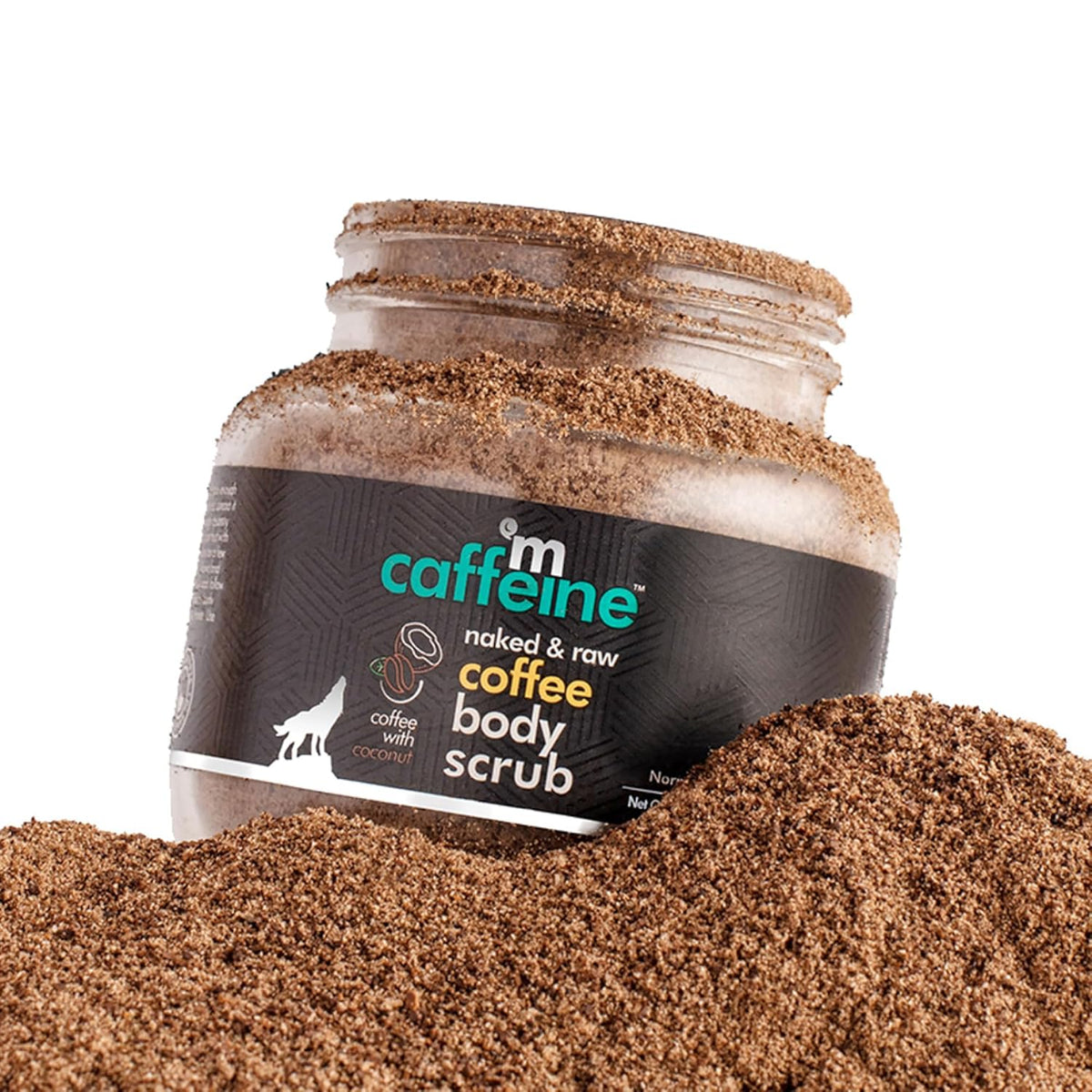Jar of caffeine coffee body scrub with a white background