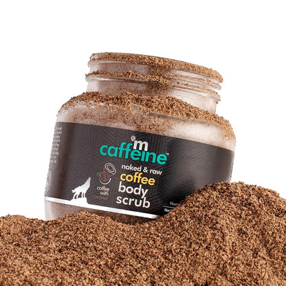 Jar of caffeine coffee body scrub with a white background