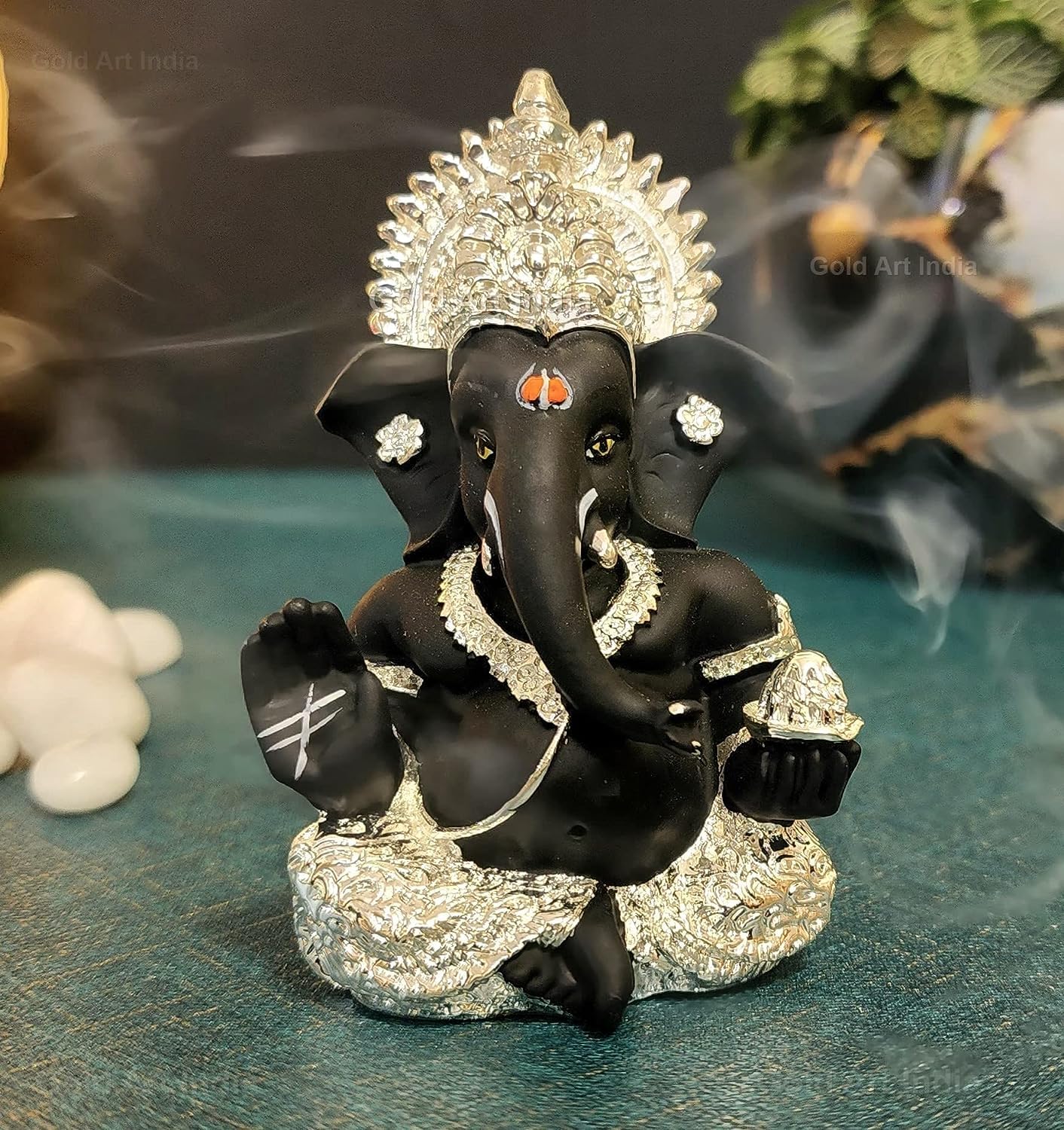 Gold Art India 999 Silver Plated Idol for Ganesh Idol for Car Dashboard God Ganesha Idol for Home Decor Ganpati for Gift Silver Mukut Silver Black, Idol