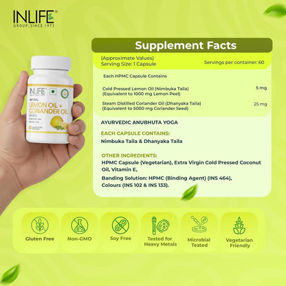 INLIFE Natural Lemon Coriander Oil Capsules | Kidney Support Supplement | Detox Renal Care, Digestion & Immune Health - 60 Liquid Filled Vegetarian Capsules