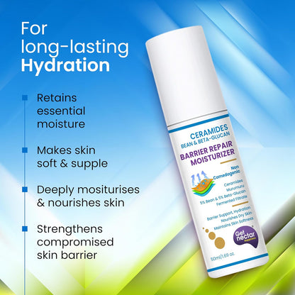 Barrier repair moisturizer bottle with text on a blue and green gradient background