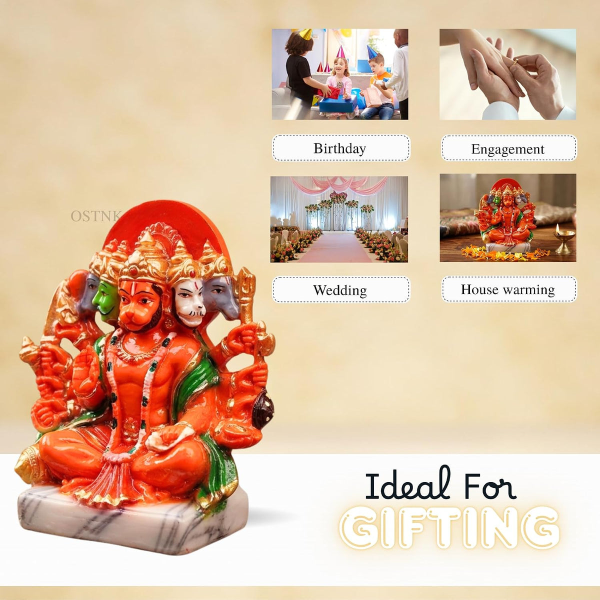 Resin Hanuman Ji Murti Panchmukhi Hanuman For Door Entrance Temple Home & Office Decor Living Room Decoration Gift For New House Warming Ceramony Balaji Idol Evil Eye 6.3 cm Orange