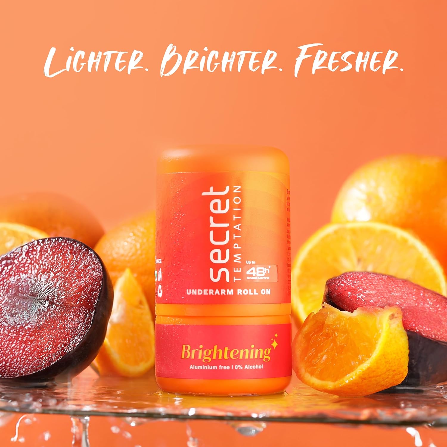 Orange roll-on deodorant with fruits on an orange background