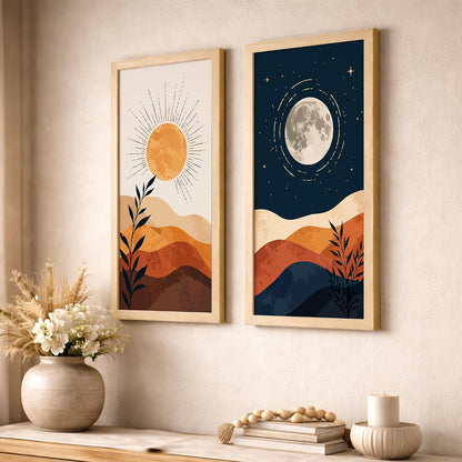 Minimalist Sun Moon Wall Art Set of 2 Framed Mountain Landscape Prints, Boho Neutral Scandinavian Decor, Wooden Frames, 10x19 Inch (Art-13)