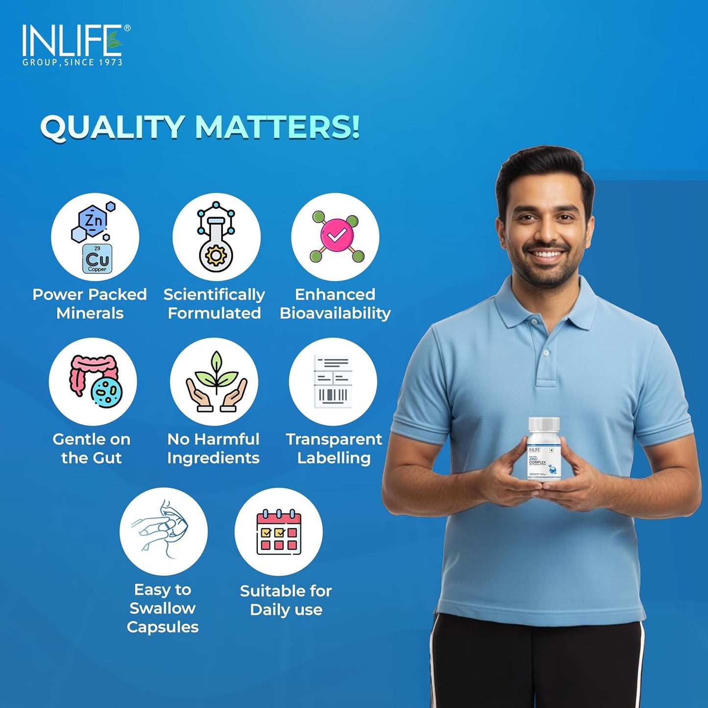 INLIFE Zinc Complex Capsules with Zinc Picolinate & Gluconate with Copper Gluconate | Supports Immune & Skin Health | Helps in Digestion for Men & Women | Veg. Capsules (Pack of 1)