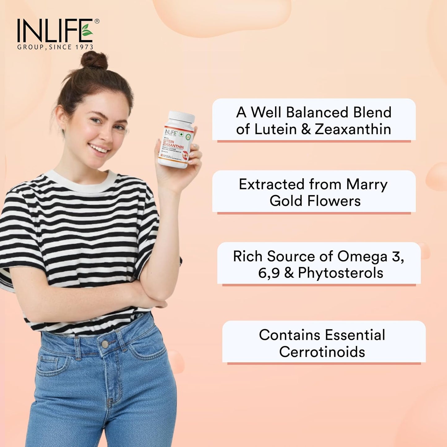INLIFE Lutein (10mg) and Zeaxanthin (2mg) Supplements with Vitamin A, Lycopene, Algal DHA & Pumpkin Seed Oil | Supports Eye Health & Sleep, Cognitive Function - 60 Veg Capsules