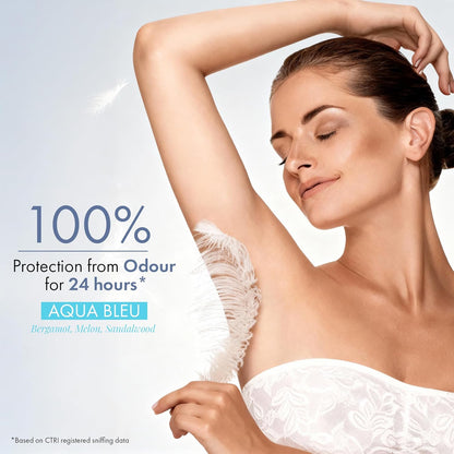 Woman in a white dress with text about 100% odor protection for 24 hours by Aqua Bleu.