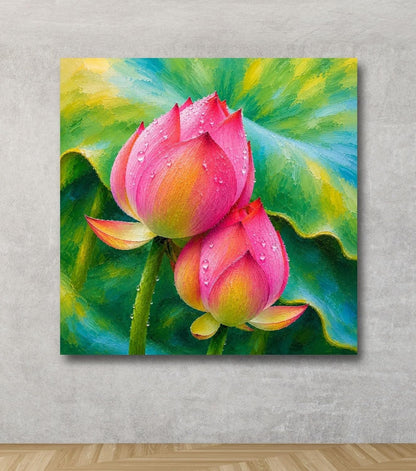 Lotus Flower Painting for Wall Vastu (15+ DESIGNS) Framed Lotus Canvas Painting for Living Room, Bedroom | Nature Floral Wall Art with Multiple Design Variations (Dark Pink Lotus, 18x18 Inch, Framed)