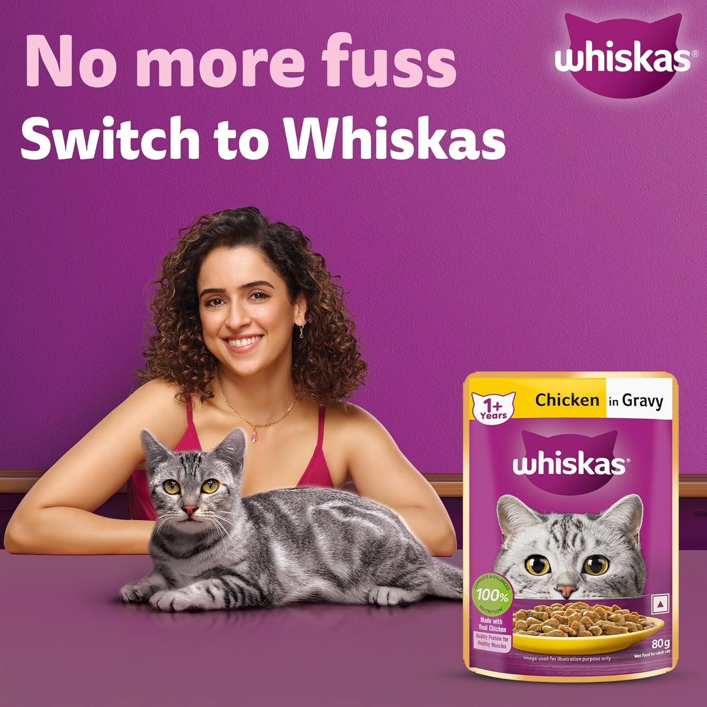 Whiskas Wet Cat Food for Adult Cats (1+Years), Chicken in Gravy Flavour, 80g