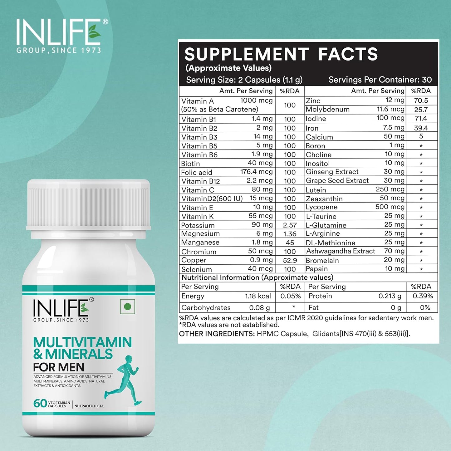 INLIFE Multivitamin for Men with Biotin Ginseng Ashwagandha Zinc Magnesium Vitamin D3 B12 & Minerals Amino Acids Antioxidants Daily Formula Supplement - 60 Capsules (Pack of 1, 60)