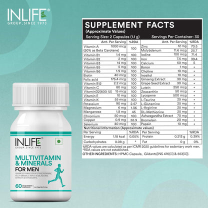 INLIFE Multivitamin for Men with Biotin Ginseng Ashwagandha Zinc Magnesium Vitamin D3 B12 & Minerals Amino Acids Antioxidants Daily Formula Supplement - 60 Capsules (Pack of 1, 60)