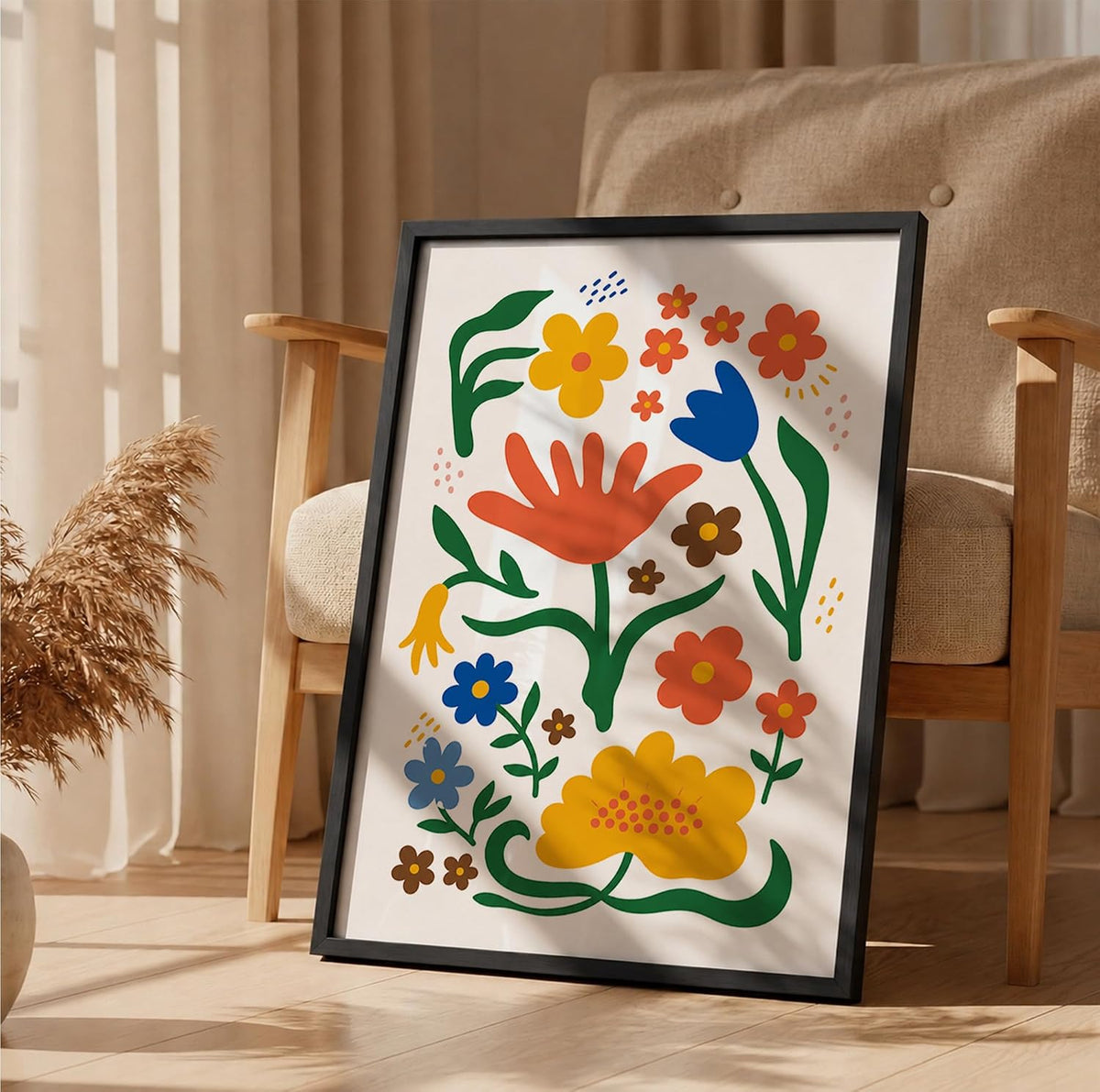 Floral Wall Art for Home Decor, Framed Flower Painting for Living Room, Bedroom & Office, Boho Folk Botanical Artwork, Colourful Aesthetic Wall Décor (DGN15-Black10x13 inch)