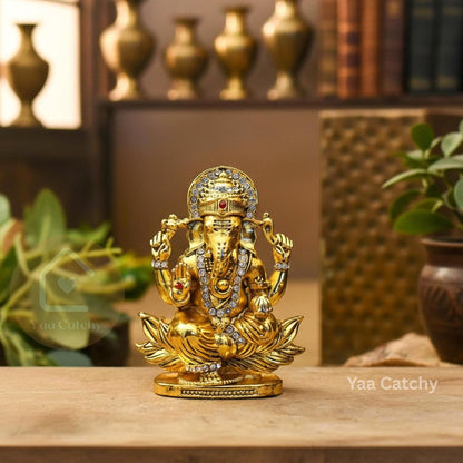 Yaa Catchy Lord Ganesha Car Dashboard Idol & Crystal Stones Lotus Base Design Hindu God Ganpati.Believed to Protect and Bless Travelers on Their Journeys.(Gold)
