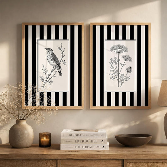 Black White Wall Art Frames for Living Room Bedroom – Minimalist Botanical & Bird Stripe Wall Painting Set | Modern Aesthetic Monochrome Home Wall Decor with Wooden Frame (Art 11, 10x13 Inches)