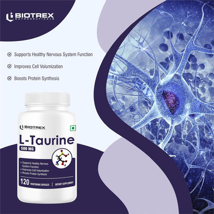 Biotrex Nutraceuticals L-Taurine 500mg Supplement, Energy, Heart, Brain & Eye Health Support, Cardiovascular system, 120 Vegetarian Capsules
