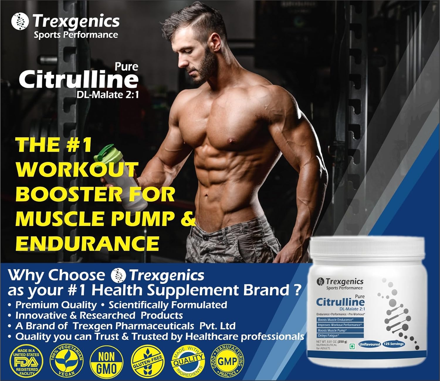 Advertisement for Trexegenics Citrulline supplement with a muscular man and product packaging.