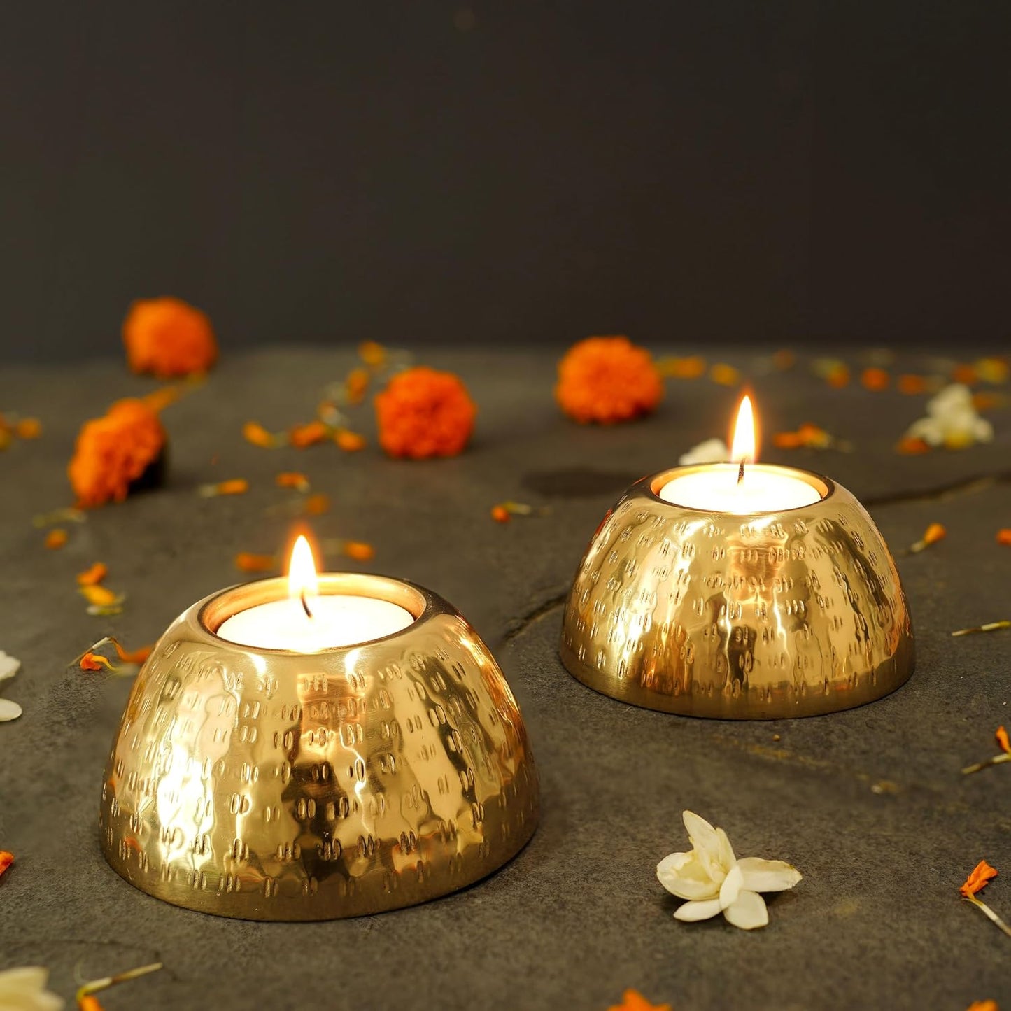 BEHOMA Pebble Bowl Metal Pack of 2 Tealight Candle Holders Set - Gold