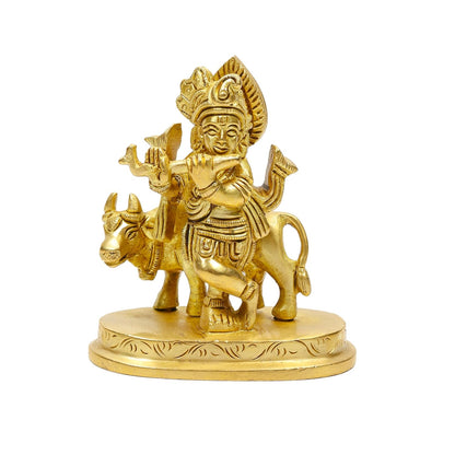 2.5 Inch Pure Brass Krishna Statue with Cow | Handcrafted Lord Krishna Idol Murti for Home Temple, Puja Room, Office Table, Spiritual Décor & Auspicious Gift
