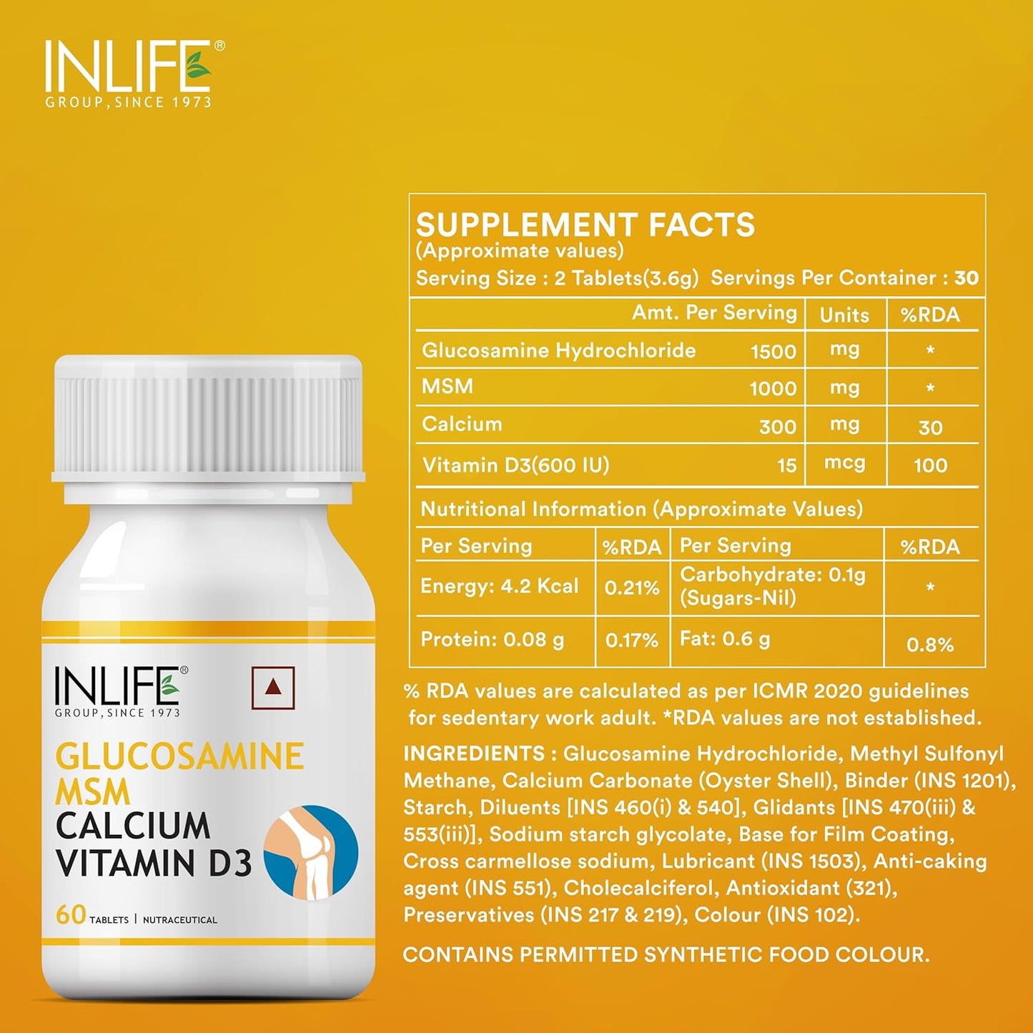 INLIFE Glucosamine Tablets for Joint | With MSM Calcium & Vitamin D3 | Cartilage, Bone Health Supplement - 60 Tablets (Pack of 1, 60)