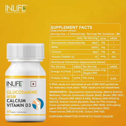 INLIFE Glucosamine Tablets for Joint | With MSM Calcium & Vitamin D3 | Cartilage, Bone Health Supplement - 60 Tablets (Pack of 1, 60)