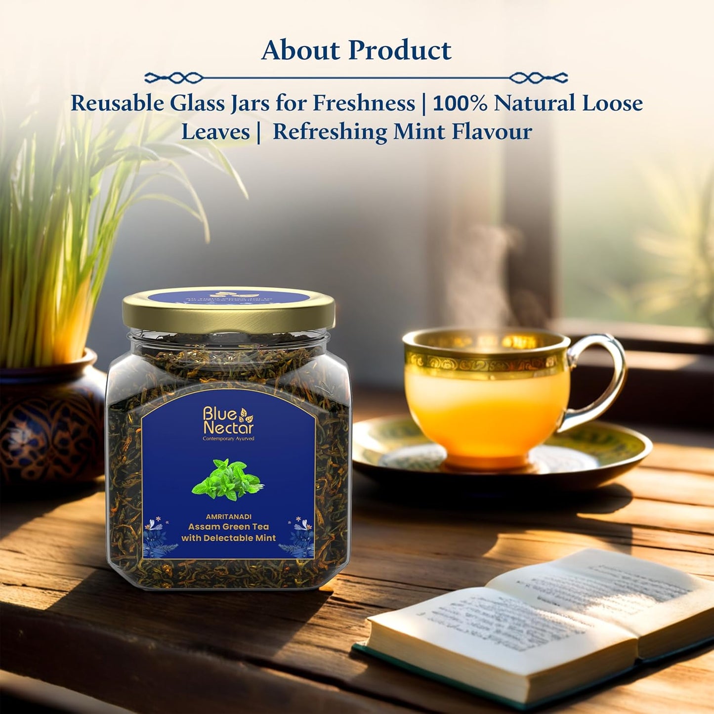 Blue Nectar Green Tea Leaves with Delectable Mint Flavor | Refreshing All Occasion Tea | Air-Tight Glass Jar with Free Tea Infuser (65g)