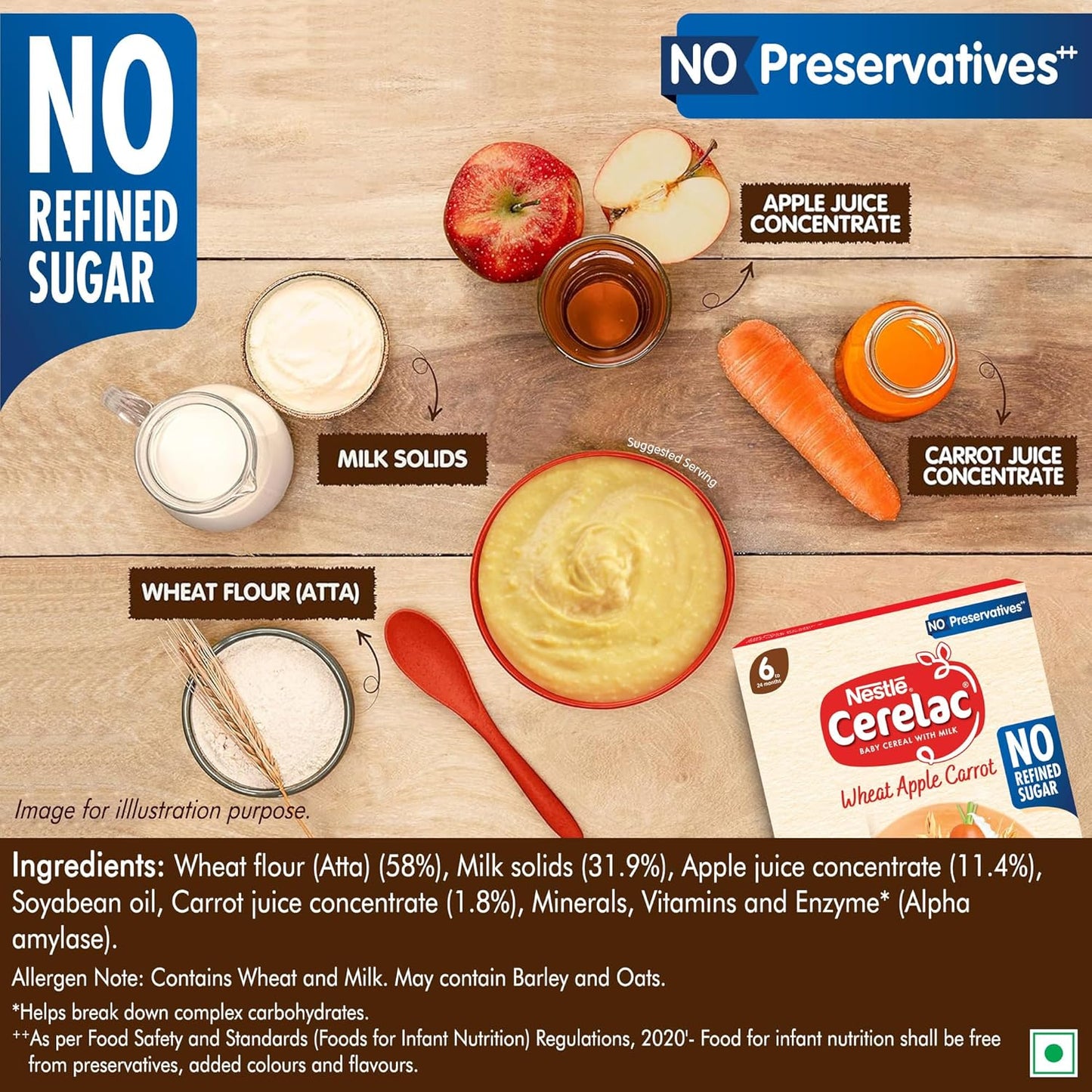 CERELAC Baby Food Cereal | No Refined Sugar | No Preservatives | Wheat Apple Carrot for 6 to 24 Months Baby | With Omega 3 Iron Protein Calcium Vit D | Instant Cereal | 300g (Weight may vary upwards)