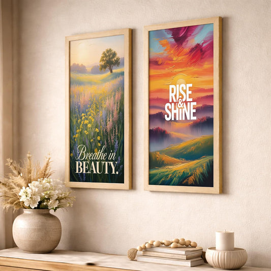 Natural Motivational Landscape Wall Art Set of 2 Framed Prints | “Rise & Shine” & “Breathe in Beauty” Quote Posters with frame, Colorful Nature Scenery Artwork, Modern Inspirational Wall Decor for Living Room, Bedroom, Office (Art-1, 10x19inch, Wooden)