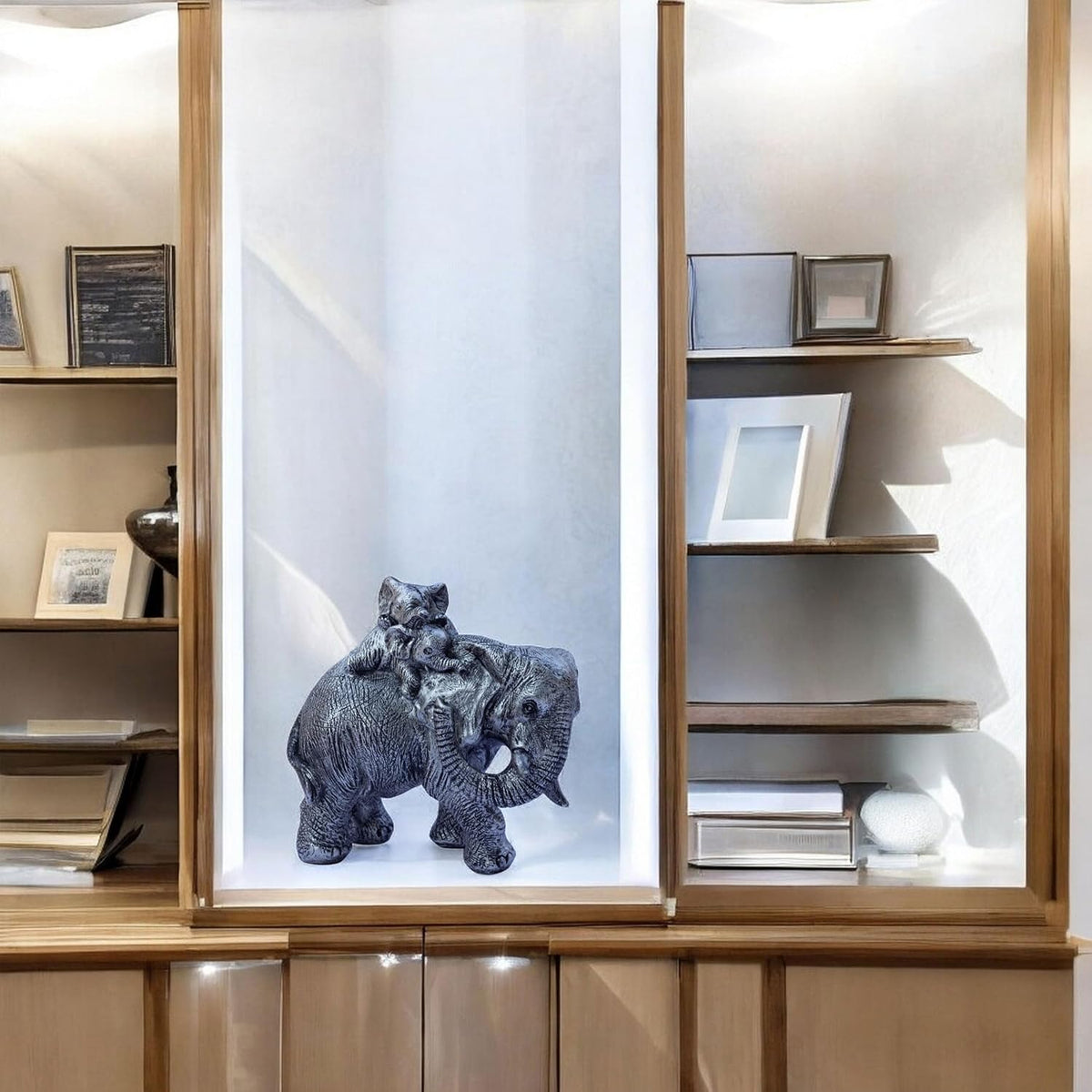 Polyresin 6" Elephant with Baby Statue for Home Decor – Vastu & Feng Shui Good Luck Symbol – Decorative Showpiece for Entryway, Living Room, Office, Gift (Silver)