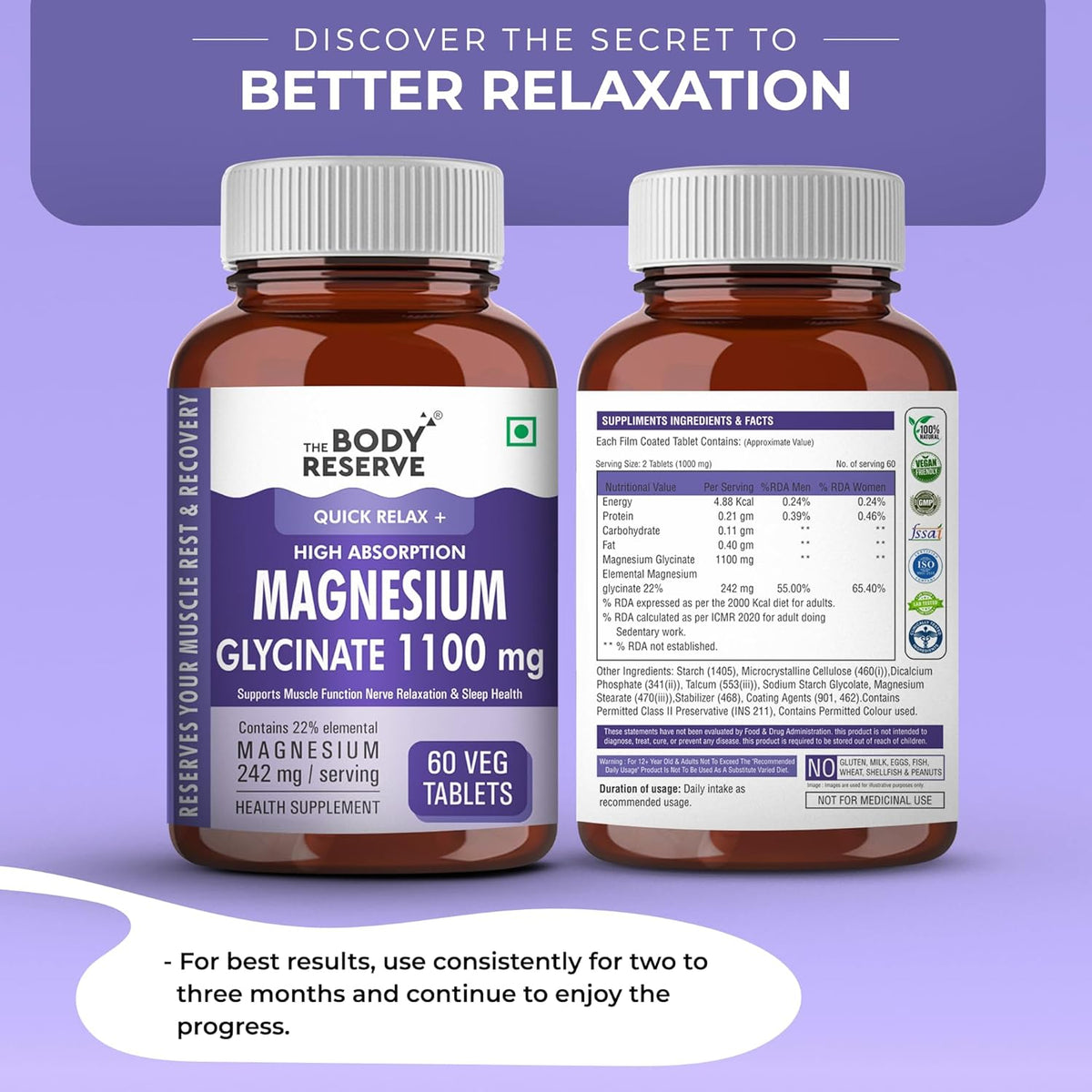 Two bottles of The Body Reserve Magnesium Glycinate 1100 mg supplement on a purple background.
