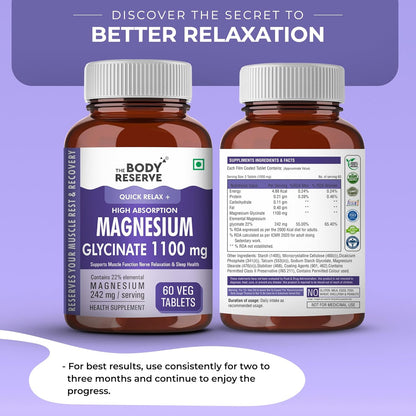 Two bottles of The Body Reserve Magnesium Glycinate 1100 mg supplement on a purple background.
