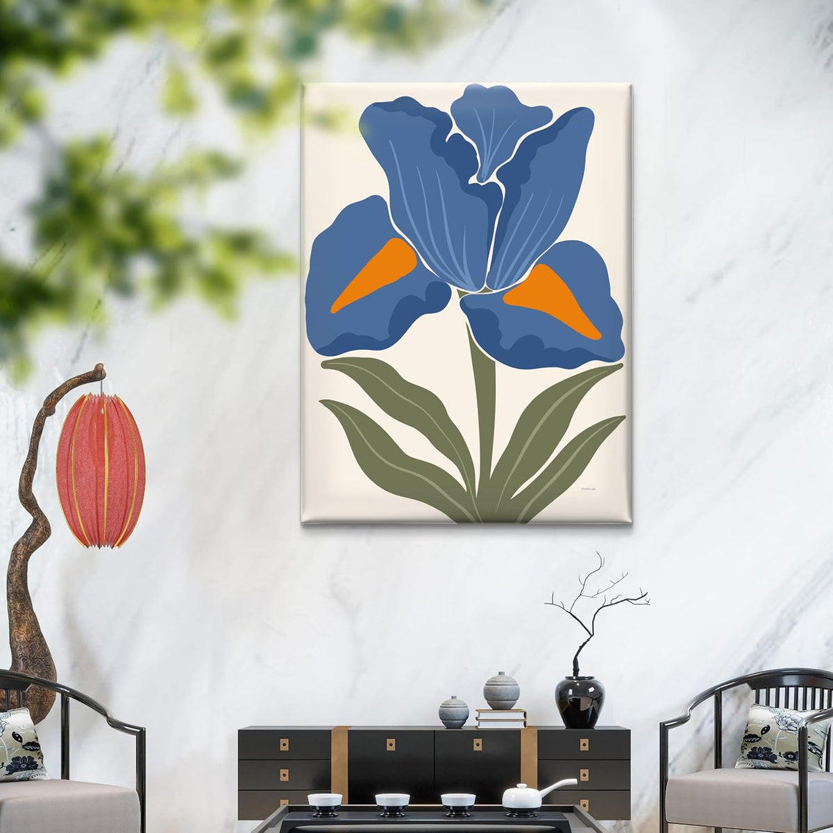 Modern Blue Iris Canvas Wall Art | Abstract Floral Painting with Orange Accent | Elegant Botanical Print on Beige Background | Ready to Hang for Living Room & Bedroom (18 x 24 Inch) CVD-448