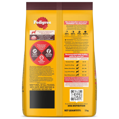 Pedigree Adult Dry Dog Food, Meat & Rice, 1 kg, Contains 37 Essential Nutrients, 100% Complete & Balanced Food for Adult Dogs