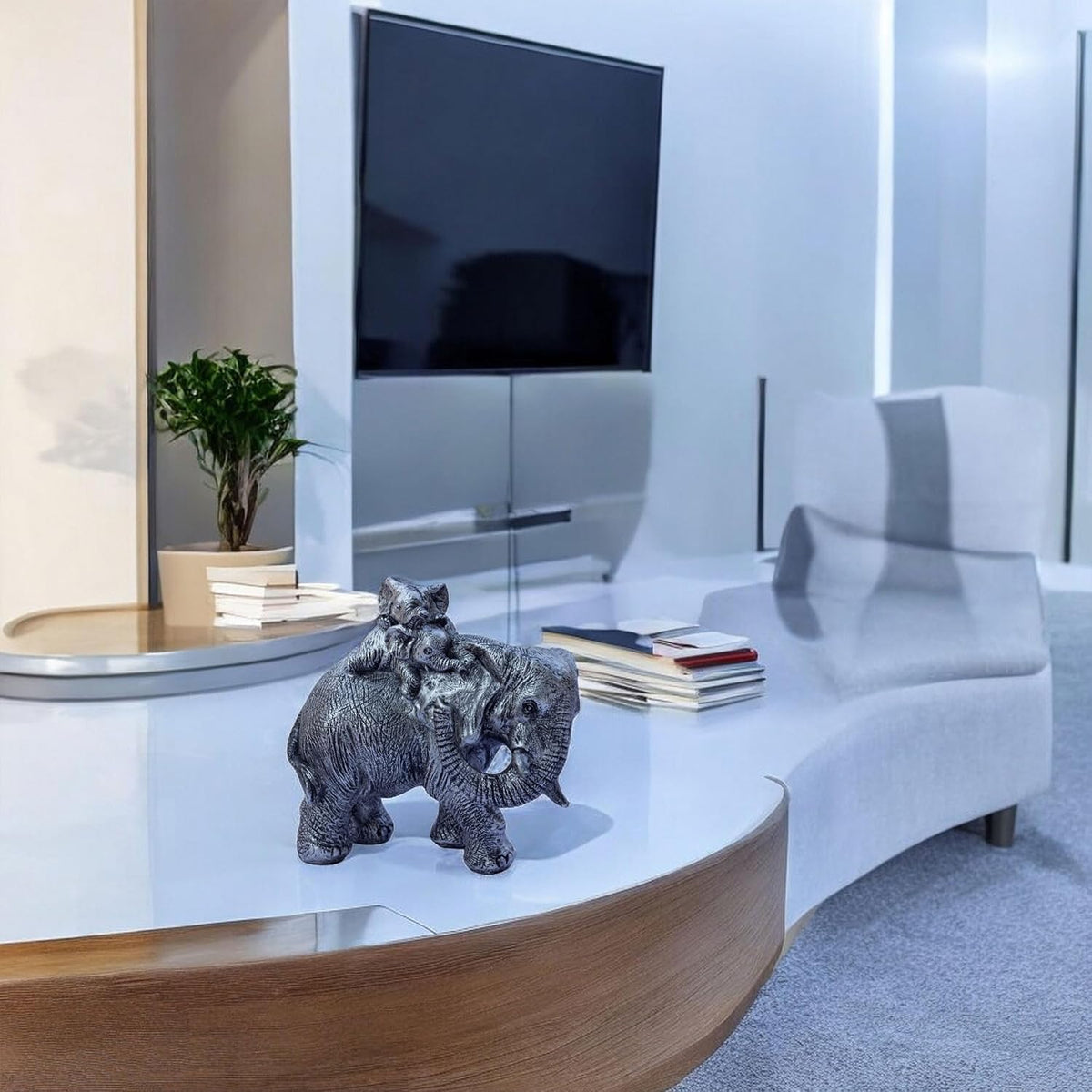 Polyresin 6" Elephant with Baby Statue for Home Decor – Vastu & Feng Shui Good Luck Symbol – Decorative Showpiece for Entryway, Living Room, Office, Gift (Silver)