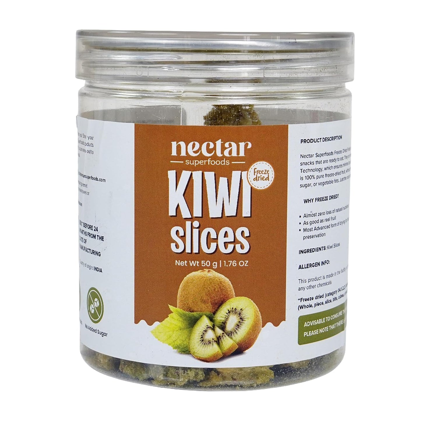 Nectar Superfoods Freeze Dried Kiwi slices- 50 grams Jar-Pack of 1 Nos | 100% Natural & Pure | No Preservatives, No Sugar Added, Vegan | Ideal for Cooking & Seasoning | Made in India