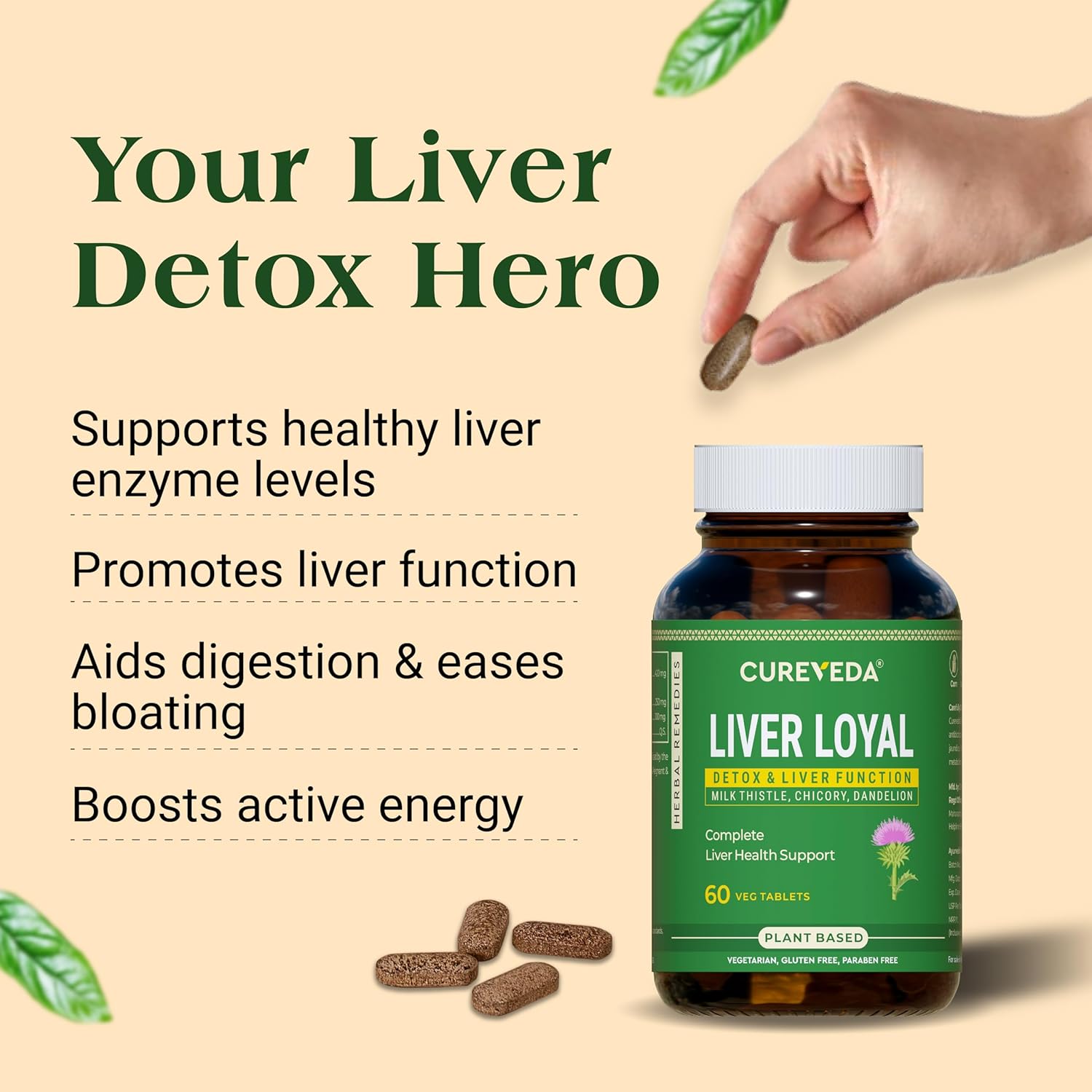 Cureveda Liver Loyal supplement bottle with text on a beige background