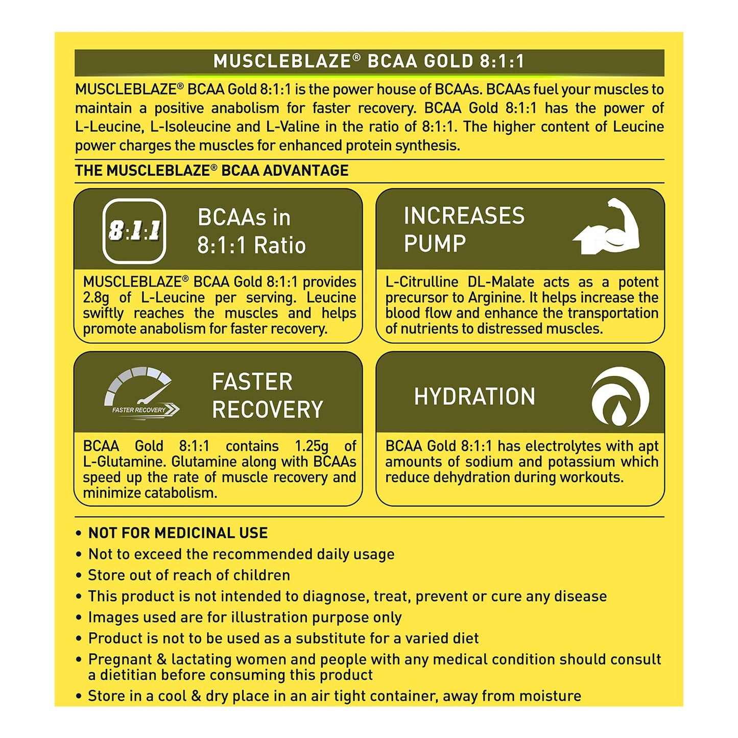 MuscleBlaze BCAA Gold 8:1:1 (450g, 60 Servings) | With Higher Leucine, Electrolytes & Glutamine
