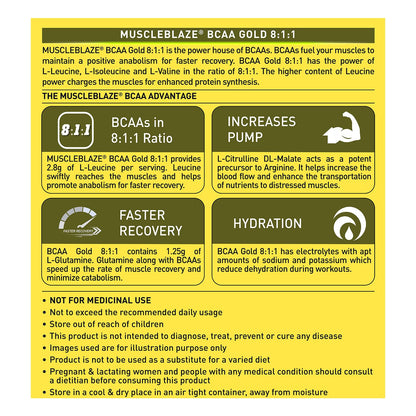 MuscleBlaze BCAA Gold 8:1:1 (450g, 60 Servings) | With Higher Leucine, Electrolytes & Glutamine