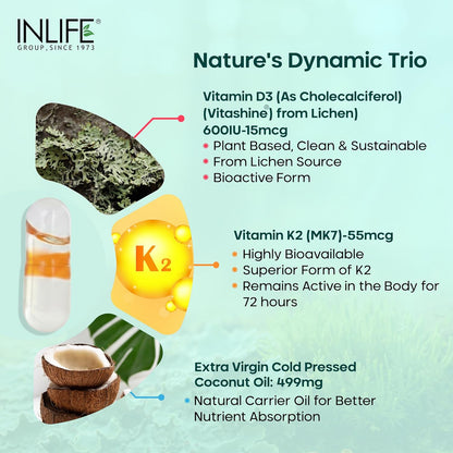 INLIFE Plant Based Vitamin D3 K2 Supplement from Lichen Source with Extra Virgin Cold Pressed Coconut Oil for Bone Health & Immune Support, 600 IU - 60 Vegetarian Capsules (Pack of 1)