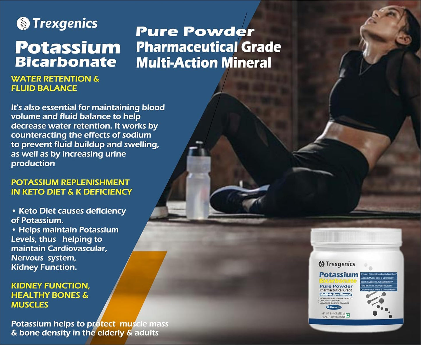 Trexgenics POTASSIUM BICARBONATE Pure Powder Pharmaceutical Grade Electrolyte Balance, Nerve & Muscle Health (250 gram / 8.81 OZ)