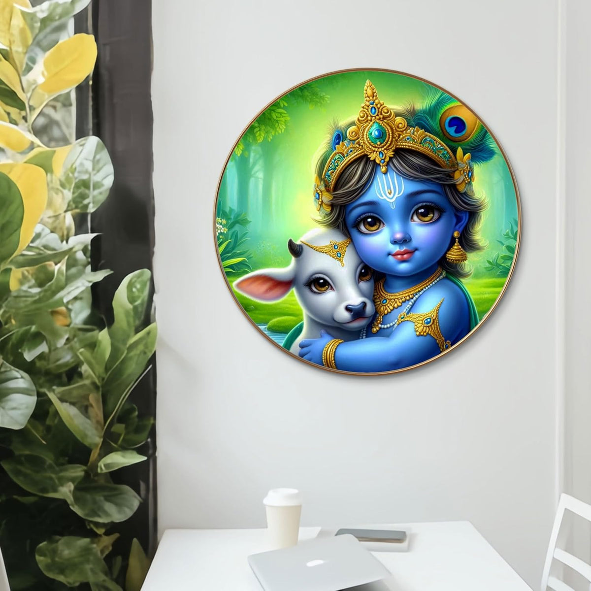 Bal Krishna Round Art Print with Golden Frame | Cute Baby Krishna with Cow HD Art Print for Pooja Room Kids Room Living Room 16 Inch x 16 Inch