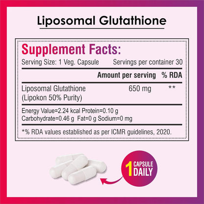 Biotrex Nutraceuticals Liposomal Glutathione Supports Healthy Skin Health, High Purity 50% Lipokon Form - 30 Veg Capsules