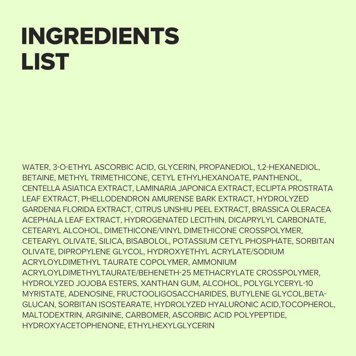 Ingredients list on a light green background