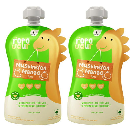 Rorosaur Ready to Eat Muskmelon & Mango Baby Food Puree Pouch 100g Each, Pack of 2 | For 6+ Months Babies & Toddlers | 100% Natural, No Added Sugar, No Preservatives