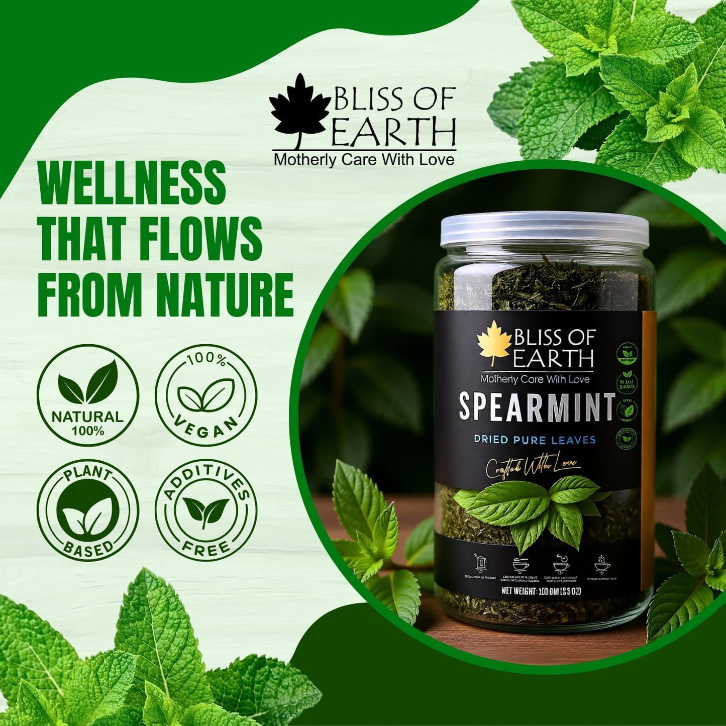 Bliss of Earth Spearmint Tea For PCOS Relief 100g, Premium Egyptian Sun Dried Spearmint Leaves, Mint Herbal Tea for Hot & Cold Brew