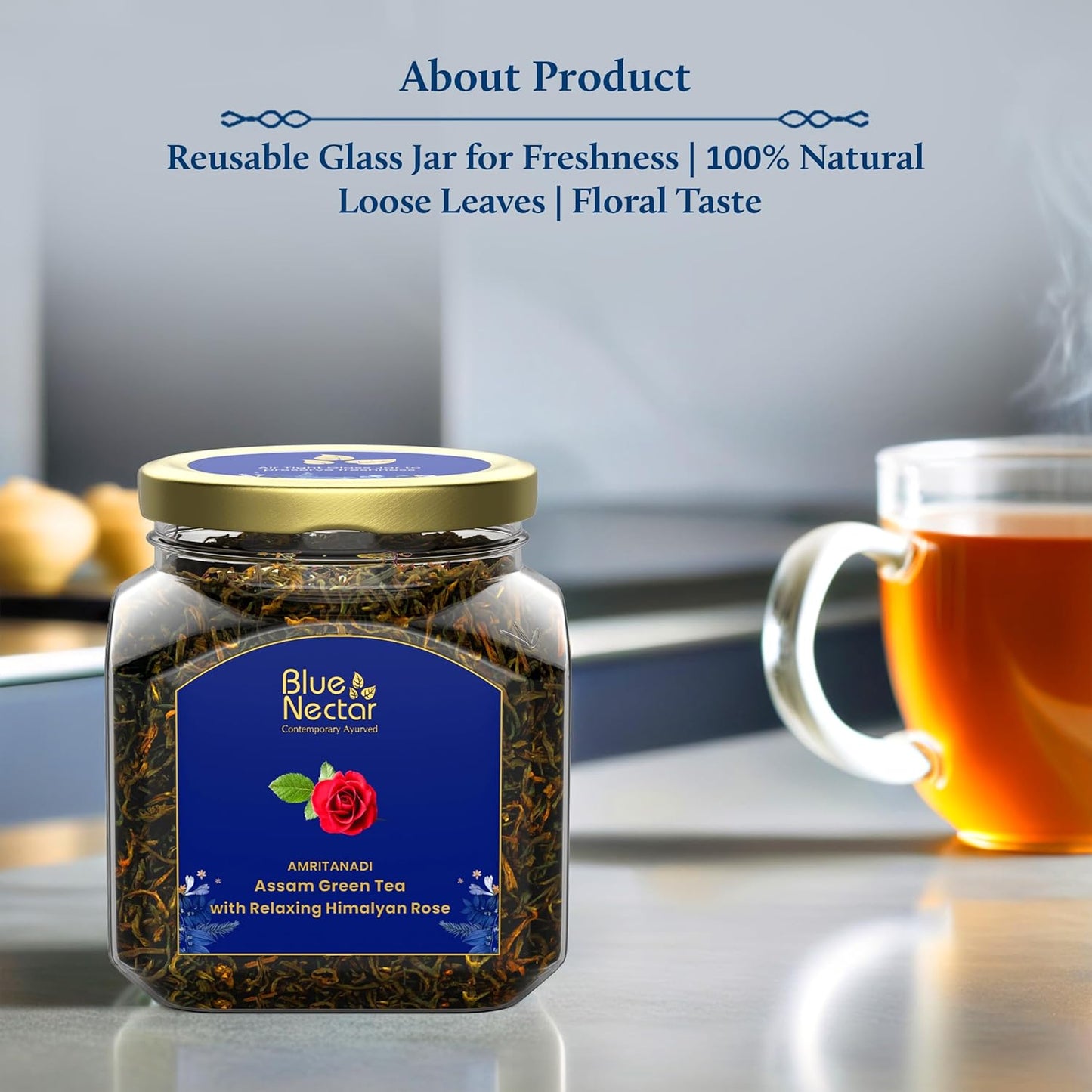 Blue Nectar Green Tea Leaves with Rose for Relaxation with Green Tea Strainer | Eco Friendly Glass Jar | 100% Natural, Handpicked from the Himalayas | (65g)