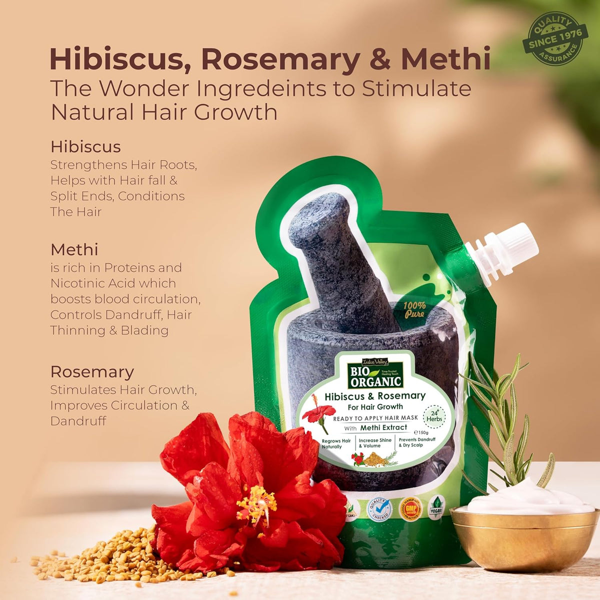 Hibiscus, Rosemary & Methi hair growth product with ingredients and benefits on a beige background