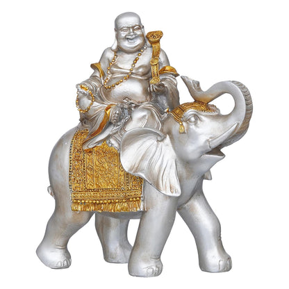 Silver Golden Resin Laughing Buddha Statue Seating on Elephant Figurine Showpiece for Home Decor Living Room Bedroom Laughing Buddha for Good Luck Money| Gift for Birthday Friendship Day