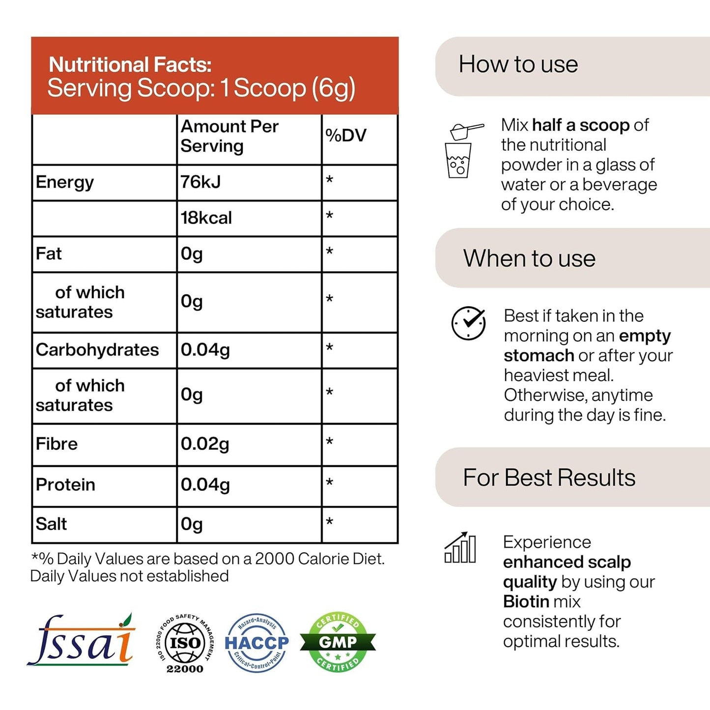 Nutritional facts label and usage instructions for a product, with FSSAI, ISO, HACCP, and GMP logos at the bottom.