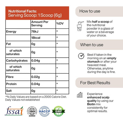 Nutritional facts label and usage instructions for a product, with FSSAI, ISO, HACCP, and GMP logos at the bottom.
