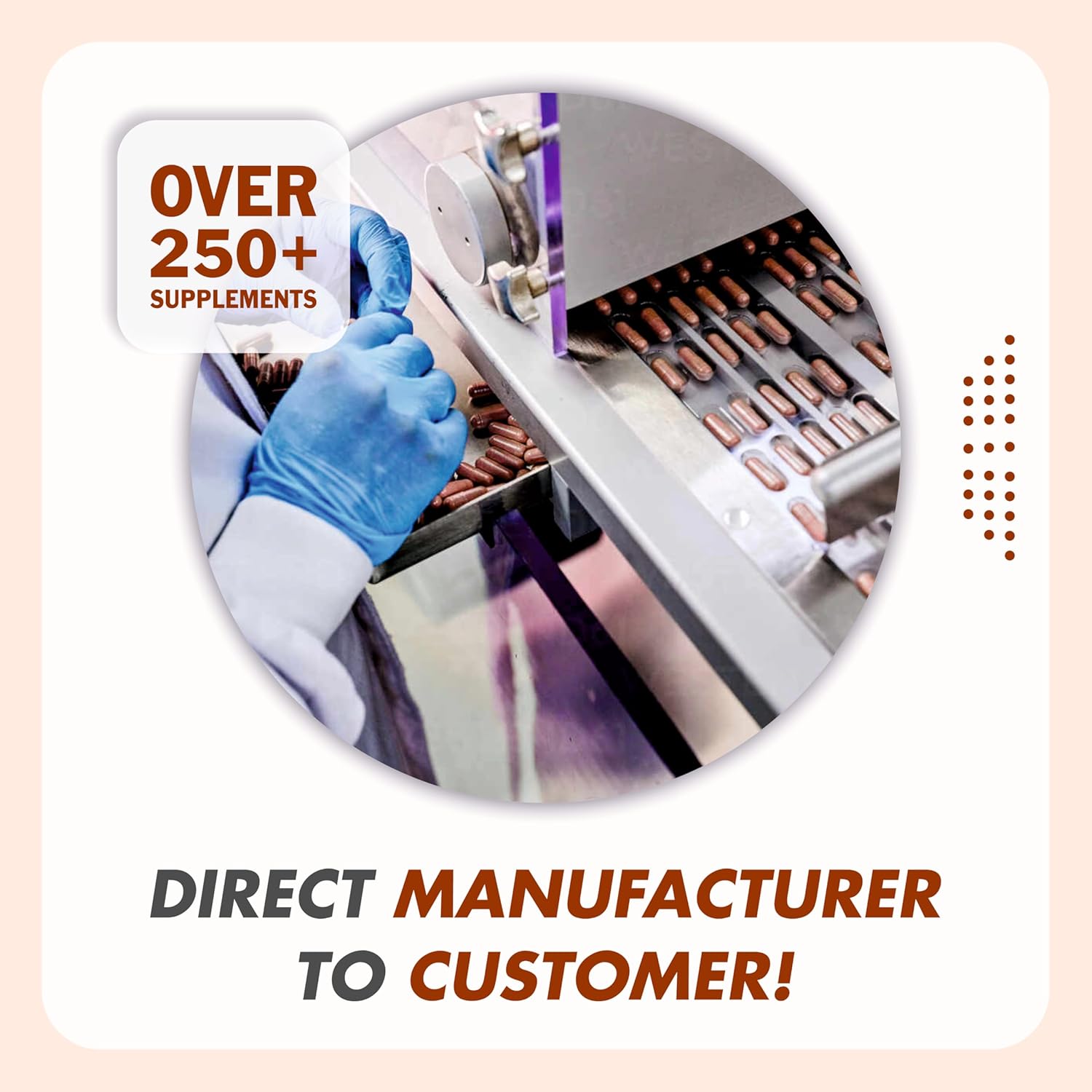 Person wearing gloves with a machine and text about supplements and direct manufacturing.